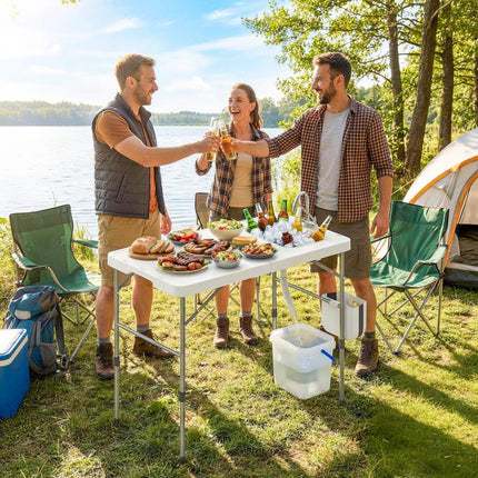 Folding Camping Table with Sink, Faucet, Adjustable Height, Collapsible Bucket, Slots, Ruler, and Carry Bag