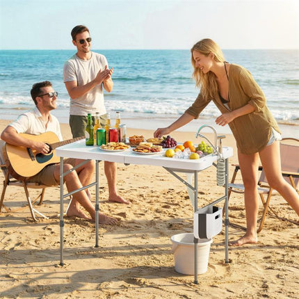 Folding Camping Table with Sink, Faucet, Adjustable Height, Collapsible Bucket, Slots, Ruler, and Carry Bag