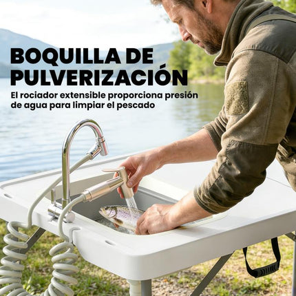 Folding Camping Table with Sink, Faucet, Adjustable Height, Collapsible Bucket, Slots, Ruler, and Carry Bag