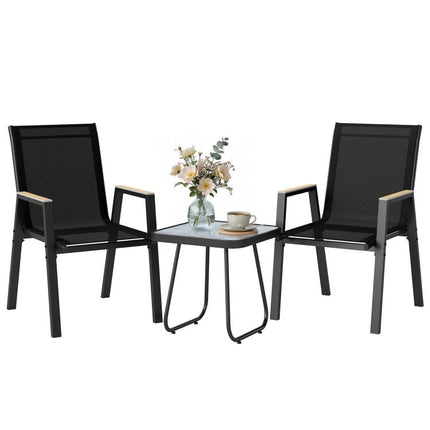 Set da Esterno 3pz con 2 Sedie Traspiranti e Tavolino Quadrato, in Metallo, DPC e Texteline Nero