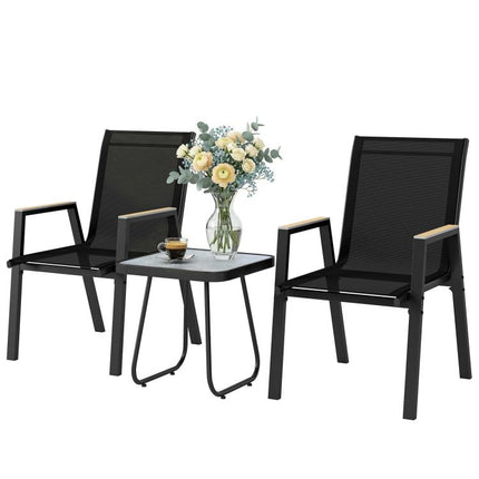 Set da Esterno 3pz con 2 Sedie Traspiranti e Tavolino Quadrato, in Metallo, DPC e Texteline Nero