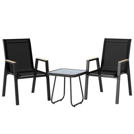 Set da Esterno 3pz con 2 Sedie Traspiranti e Tavolino Quadrato, in Metallo, DPC e Texteline Nero