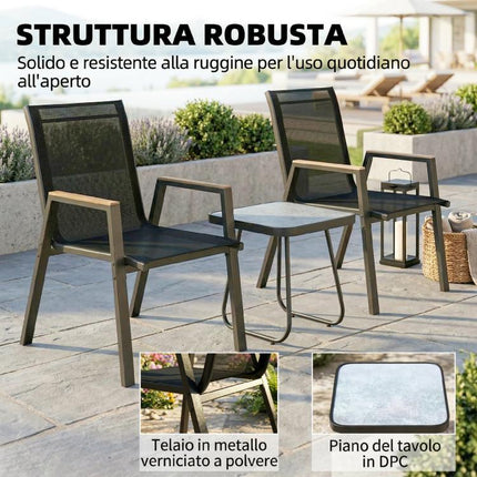 Set da Esterno 3pz con 2 Sedie Traspiranti e Tavolino Quadrato, in Metallo, DPC e Texteline Nero