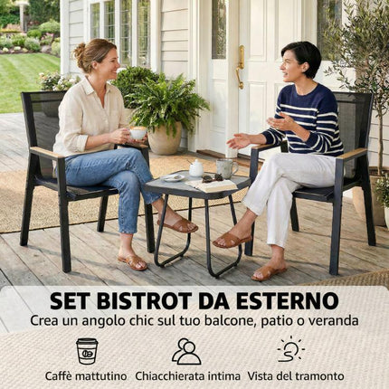 Set da Esterno 3pz con 2 Sedie Traspiranti e Tavolino Quadrato, in Metallo, DPC e Texteline Nero