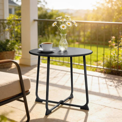 Tavolino da Caffè da Esterno Rotondo 50 cm, Tavolo in Metallo con Base a X e Piedini Antiscivolo, Nero