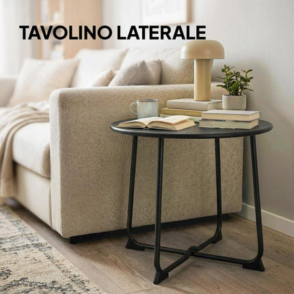 Tavolino da Caffè da Esterno Rotondo 50 cm, Tavolo in Metallo con Base a X e Piedini Antiscivolo, Nero