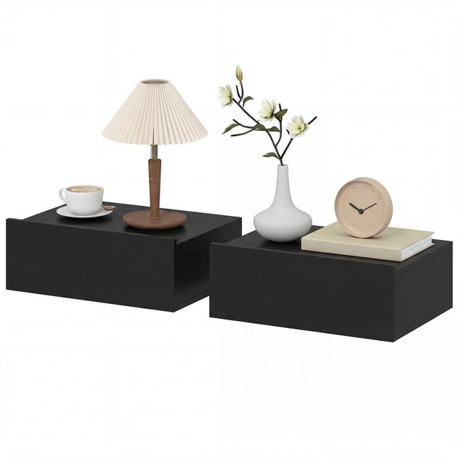 Set di 2 Comodini Sospesi Moderni con Cassetto in Legno, 40x30x15cm, Nero