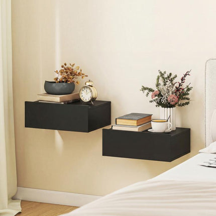 Set di 2 Comodini Sospesi Moderni con Cassetto in Legno, 40x30x15cm, Nero