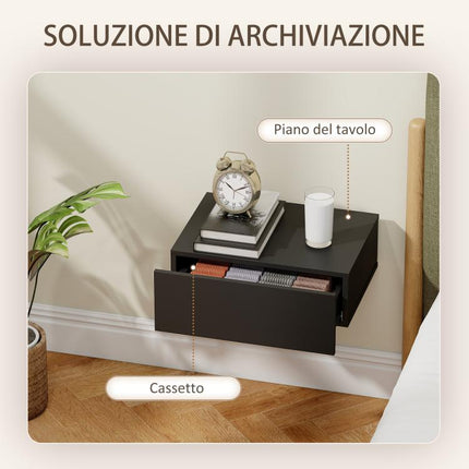 Set di 2 Comodini Sospesi Moderni con Cassetto in Legno, 40x30x15cm, Nero