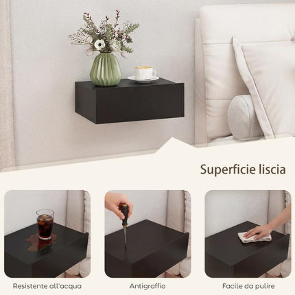 Set di 2 Comodini Sospesi Moderni con Cassetto in Legno, 40x30x15cm, Nero