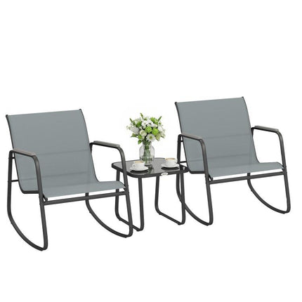 3-Piece Steel Outdoor Set with 2 Breathable Rocking Chairs and Glass-Top Side Table, Grey and Black
