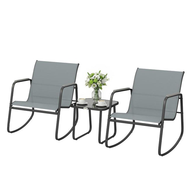 3-Piece Steel Outdoor Set with 2 Breathable Rocking Chairs and Glass-Top Side Table, Grey and Black