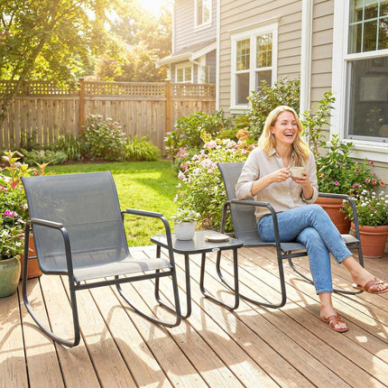 3-Piece Steel Outdoor Set with 2 Breathable Rocking Chairs and Glass-Top Side Table, Grey and Black
