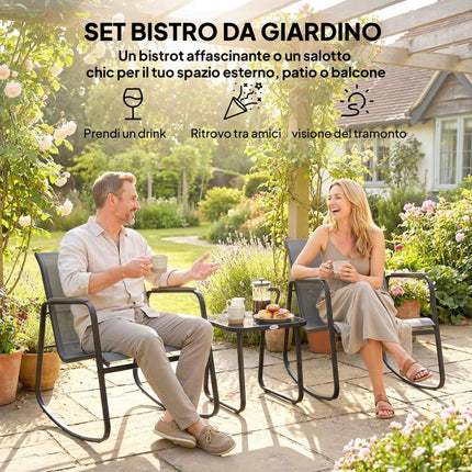 3-Piece Steel Outdoor Set with 2 Breathable Rocking Chairs and Glass-Top Side Table, Grey and Black