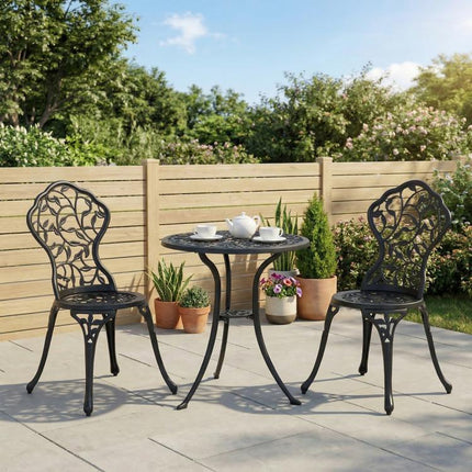3-Piece Garden Set with 2 Outdoor Chairs and Round Aluminum Table, Black
