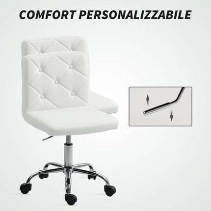 Sedia da Ufficio Regolabile con Rivestimento a Bottoni, in Pelle PU, Schiuma e Acciaio, 44x50x78-88 cm, Bianco