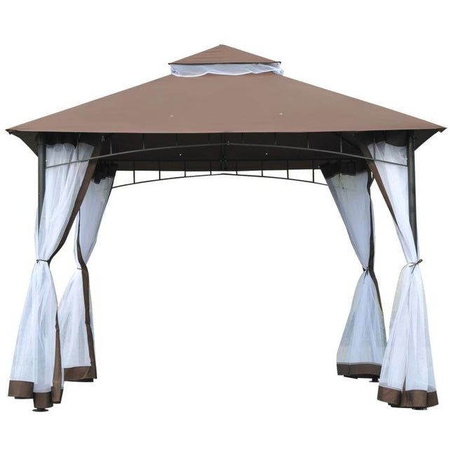 3x3m Garden Gazebo with Mosquito Netting, Two-Tier Roof, and Brown Metal Frame