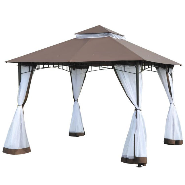 3x3m Garden Gazebo with Mosquito Netting, Two-Tier Roof, and Brown Metal Frame