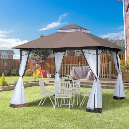 3x3m Garden Gazebo with Mosquito Netting, Two-Tier Roof, and Brown Metal Frame