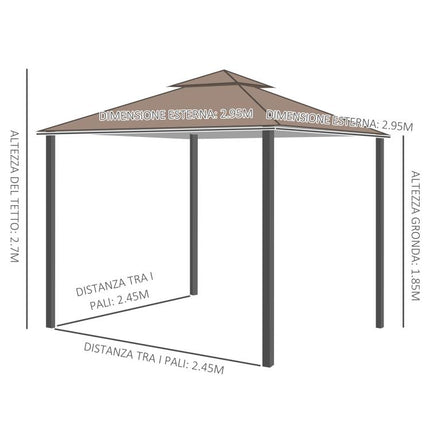 3x3m Garden Gazebo with Mosquito Netting, Two-Tier Roof, and Brown Metal Frame