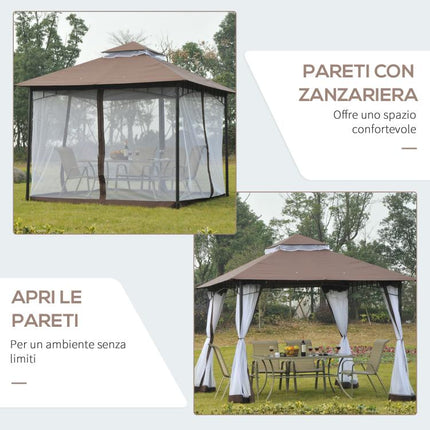 3x3m Garden Gazebo with Mosquito Netting, Two-Tier Roof, and Brown Metal Frame