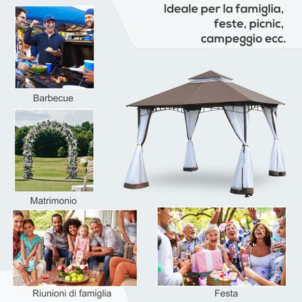 3x3m Garden Gazebo with Mosquito Netting, Two-Tier Roof, and Brown Metal Frame