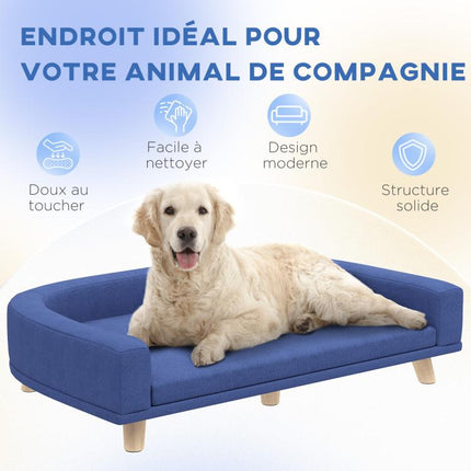 Canapé pour chien grand lit surélevé pour chien coussin lavable cadre en bois tissu polyester 98 x 67 x 25 cm bleu