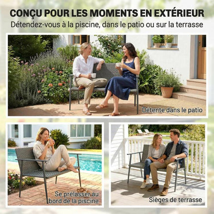 Banc de Jardin 2 places en Résine Tressée et Acier, avec Accoudoirs, Dossiers et Pieds Réglables, 110x58x78cm, Gris