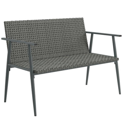 Banc de Jardin 2 places en Résine Tressée et Acier, avec Accoudoirs, Dossiers et Pieds Réglables, 110x58x78cm, Gris