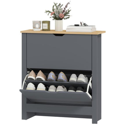 Meuble à chaussures 12 paires, armoire à chaussures étroite avec 2 tiroirs rabattables et étagères réglables, gris foncé