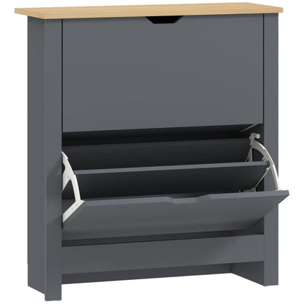 Meuble à chaussures 12 paires, armoire à chaussures étroite avec 2 tiroirs rabattables et étagères réglables, gris foncé