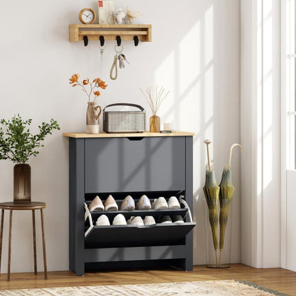 Meuble à chaussures 12 paires, armoire à chaussures étroite avec 2 tiroirs rabattables et étagères réglables, gris foncé