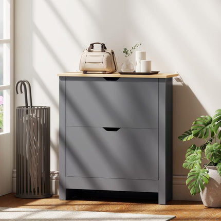 Meuble à chaussures 12 paires, armoire à chaussures étroite avec 2 tiroirs rabattables et étagères réglables, gris foncé