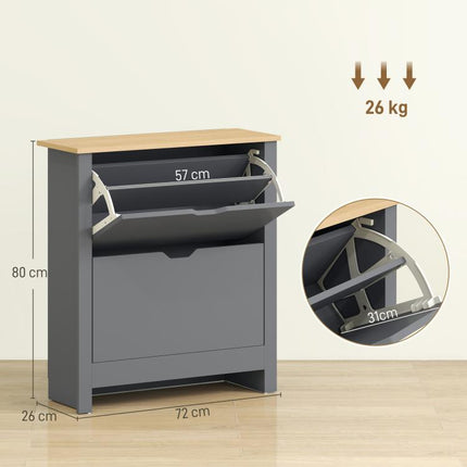 Meuble à chaussures 12 paires, armoire à chaussures étroite avec 2 tiroirs rabattables et étagères réglables, gris foncé
