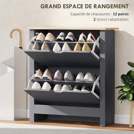 Meuble à chaussures 12 paires, armoire à chaussures étroite avec 2 tiroirs rabattables et étagères réglables, gris foncé