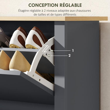 Meuble à chaussures 12 paires, armoire à chaussures étroite avec 2 tiroirs rabattables et étagères réglables, gris foncé