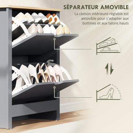 Meuble à chaussures 12 paires, armoire à chaussures étroite avec 2 tiroirs rabattables et étagères réglables, gris foncé