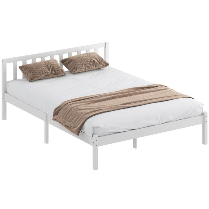 Solid wood bed frame (140x190 cm) with headboard and sturdy slatted base – suitable for children and adults.