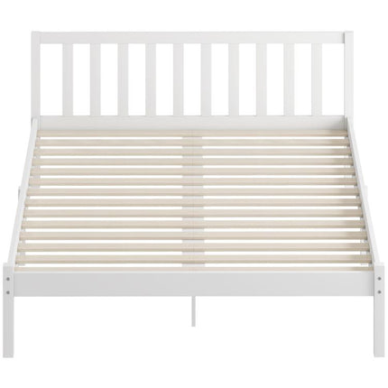 Solid wood bed frame (140x190 cm) with headboard and sturdy slatted base – suitable for children and adults.