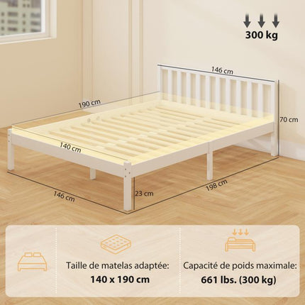 Solid wood bed frame (140x190 cm) with headboard and sturdy slatted base – suitable for children and adults.