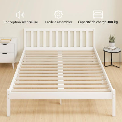 Solid wood bed frame (140x190 cm) with headboard and sturdy slatted base – suitable for children and adults.