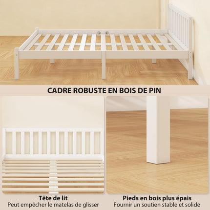 Solid wood bed frame (140x190 cm) with headboard and sturdy slatted base – suitable for children and adults.