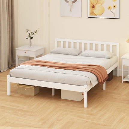 Solid wood bed frame (140x190 cm) with headboard and sturdy slatted base – suitable for children and adults.