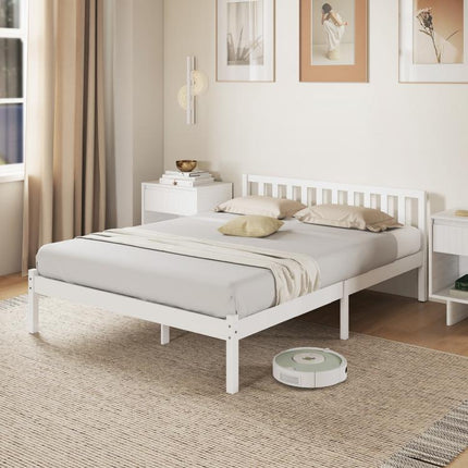 Solid wood bed frame (140x190 cm) with headboard and sturdy slatted base – suitable for children and adults.