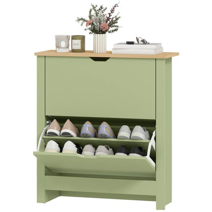 Meuble à chaussures 12 paires, armoire à chaussures étroite avec 2 tiroirs rabattables et étagères réglables, vert