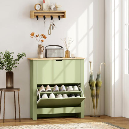 Meuble à chaussures 12 paires, armoire à chaussures étroite avec 2 tiroirs rabattables et étagères réglables, vert