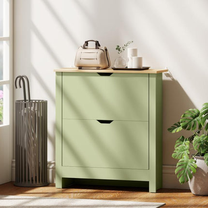 Meuble à chaussures 12 paires, armoire à chaussures étroite avec 2 tiroirs rabattables et étagères réglables, vert