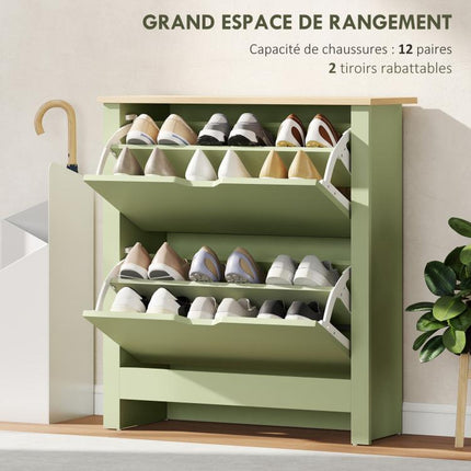 Meuble à chaussures 12 paires, armoire à chaussures étroite avec 2 tiroirs rabattables et étagères réglables, vert
