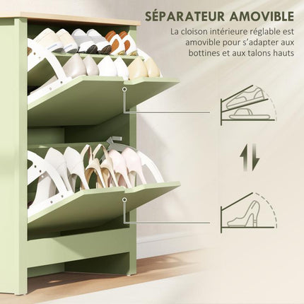 Meuble à chaussures 12 paires, armoire à chaussures étroite avec 2 tiroirs rabattables et étagères réglables, vert