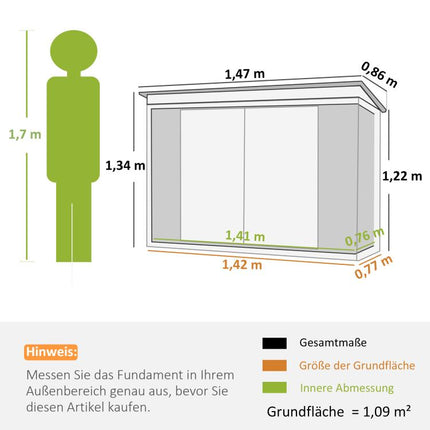 Garden Shed 1.09 square meter – 2 Lockable Doors – 147 x 86 x 134 cm – Sheet Steel – Light Grey/White
